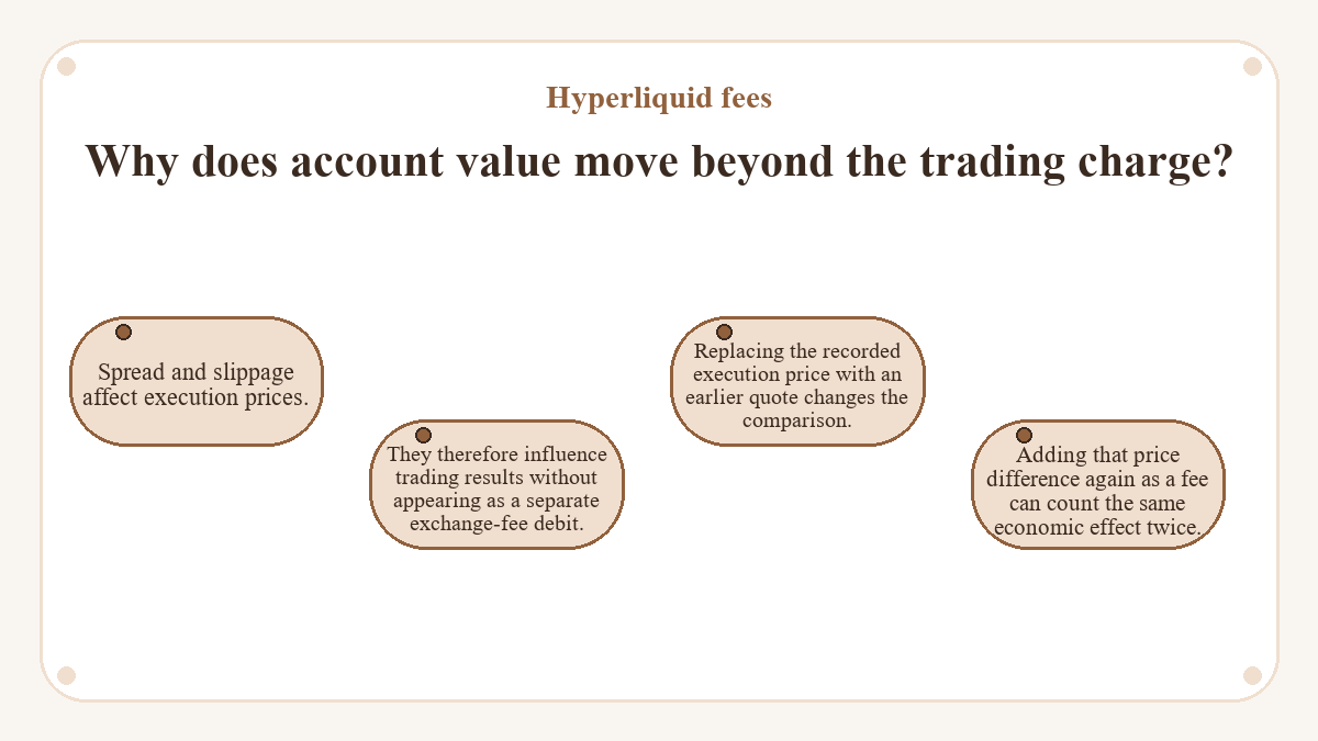 Why does account value move beyond the trading charge?: Spread and slippage affect execution prices.; They therefore influence trading results without appearing as a separate exchange-fee debit.; Replacing the recorded execution price with an earlier quote changes the comparison.; Adding that price difference again as a fee can count the same economic effect twice.